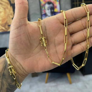 Kit Corrente + Pulseira Cadeado Alongado Arredondado 6mm Marcação 750